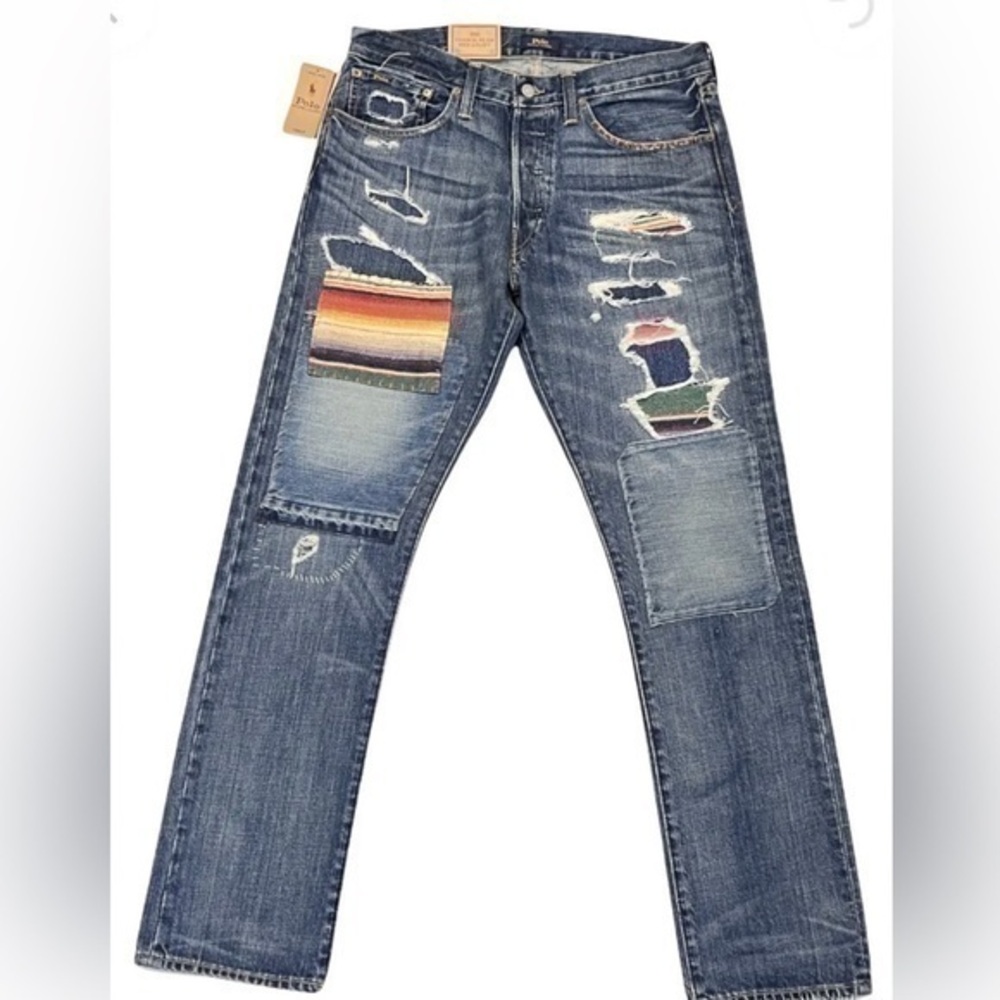 Polo Ralph Lauren Varick Slim Straight Serape Patch Distressed Denim Pants 34 30